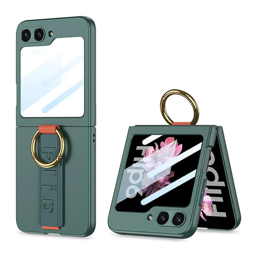 GKK For Samsung Galaxy Z Flip7 FE 5G / Z Flip6 5G Case Ring Holder Hand Strap PC Phone Cover with Rear Screen Film - Green - 1