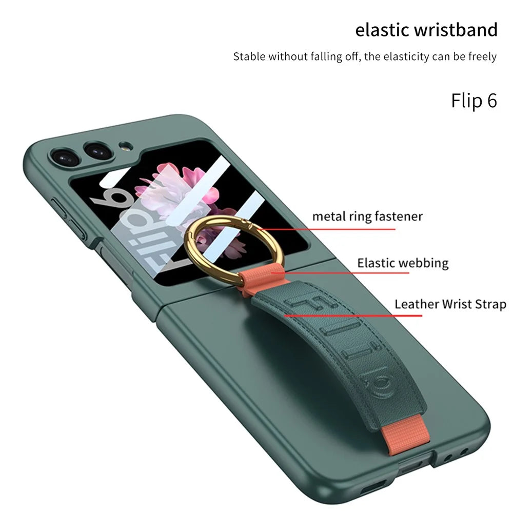 GKK For Samsung Galaxy Z Flip7 FE 5G / Z Flip6 5G Case Ring Holder Hand Strap PC Phone Cover with Rear Screen Film - Green - 2