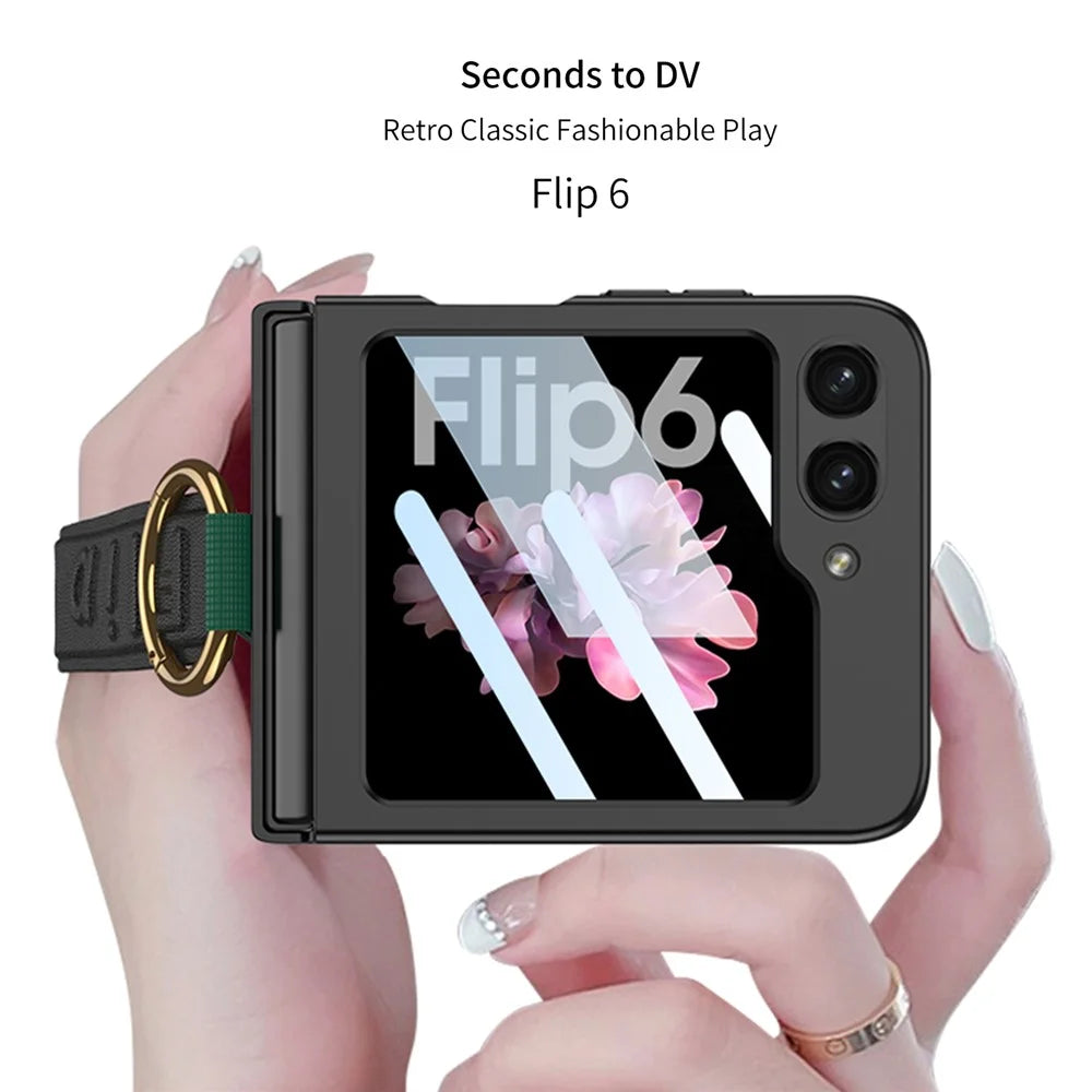 GKK For Samsung Galaxy Z Flip7 FE 5G / Z Flip6 5G Case Ring Holder Hand Strap PC Phone Cover with Rear Screen Film - Green - 3