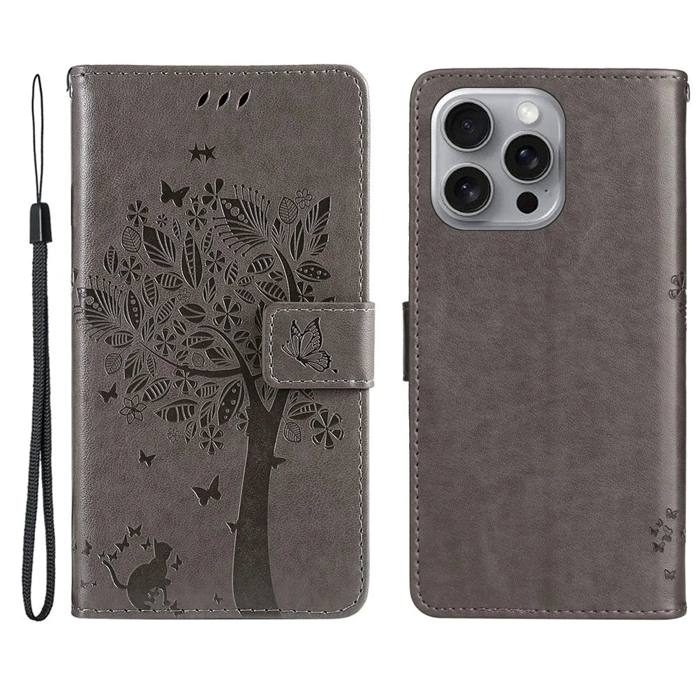 For iPhone 16 Pro Max Phone Case with Stand Cat Tree Pattern Leather Wallet Mobile Cover - Grey - 1