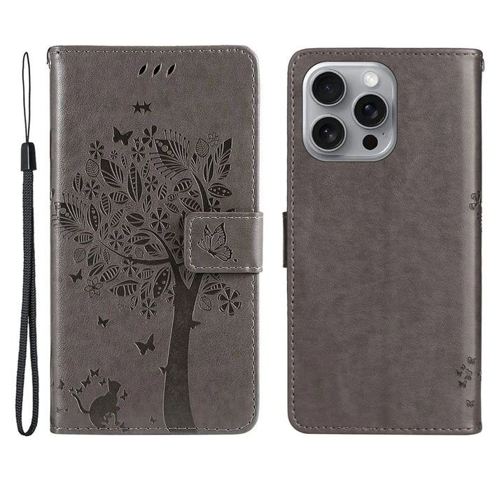 For iPhone 16 Pro Max Phone Case with Stand Cat Tree Pattern Leather Wallet Mobile Cover - Grey - 1