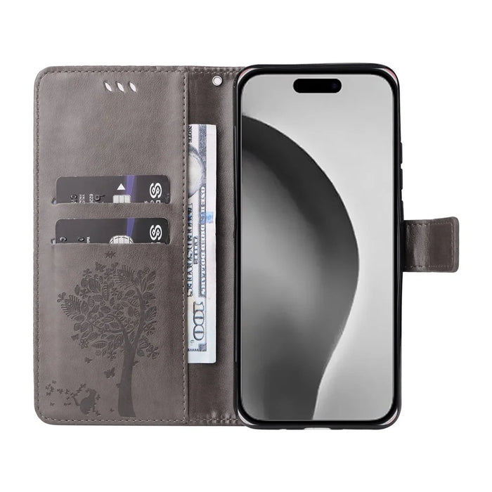 For iPhone 16 Pro Max Phone Case with Stand Cat Tree Pattern Leather Wallet Mobile Cover - Grey - 2