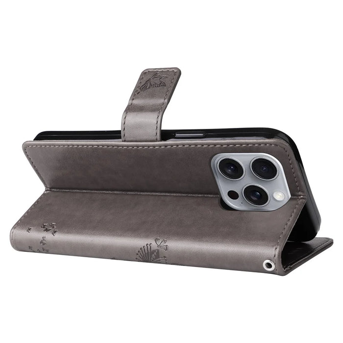 For iPhone 16 Pro Max Phone Case with Stand Cat Tree Pattern Leather Wallet Mobile Cover - Grey - 4