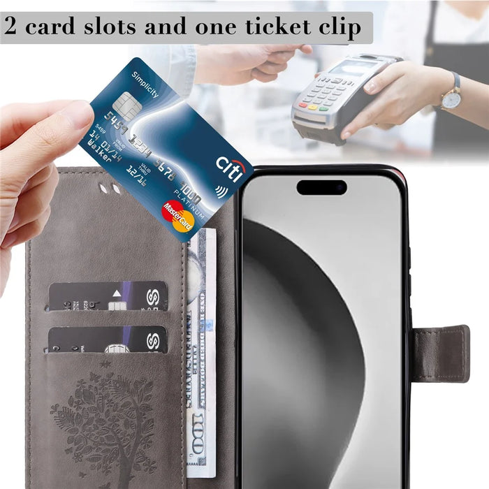 For iPhone 16 Pro Max Phone Case with Stand Cat Tree Pattern Leather Wallet Mobile Cover - Grey - 5