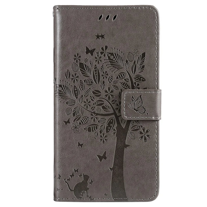 For iPhone 16 Pro Max Phone Case with Stand Cat Tree Pattern Leather Wallet Mobile Cover - Grey - 7