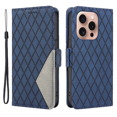 For iPhone 16 Pro Case Rhombus Grid PU Leather Wallet Mobile Phone Cover - Blue - 1