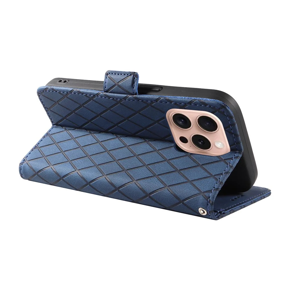 For iPhone 16 Pro Case Rhombus Grid PU Leather Wallet Mobile Phone Cover - Blue - 4