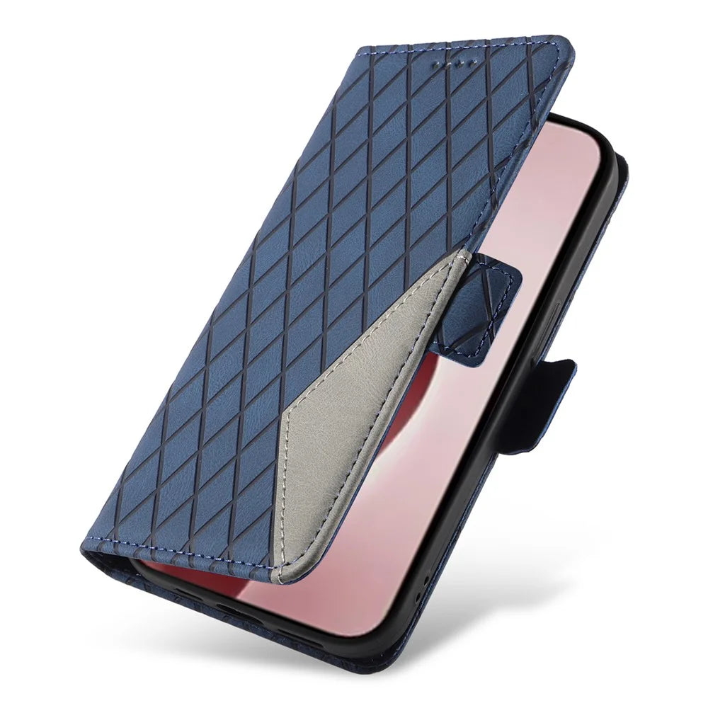 For iPhone 16 Pro Case Rhombus Grid PU Leather Wallet Mobile Phone Cover - Blue - 5