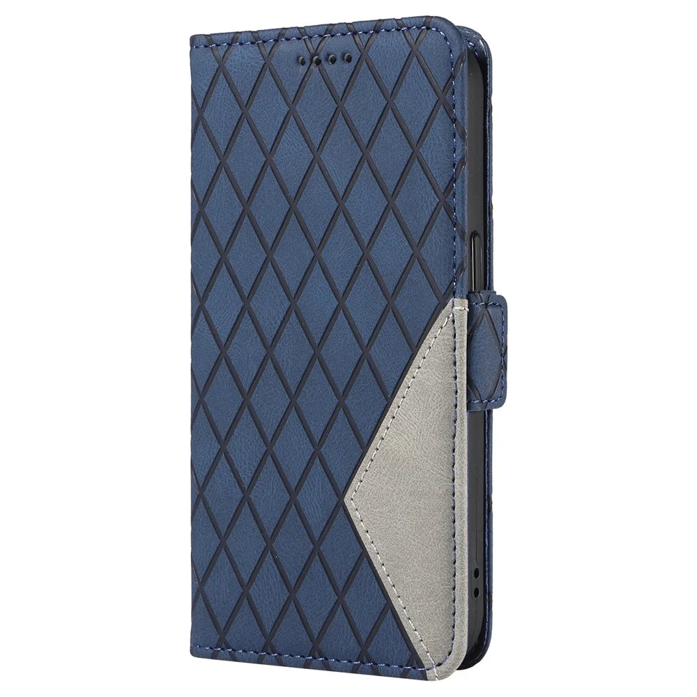 For iPhone 16 Pro Case Rhombus Grid PU Leather Wallet Mobile Phone Cover - Blue - 6