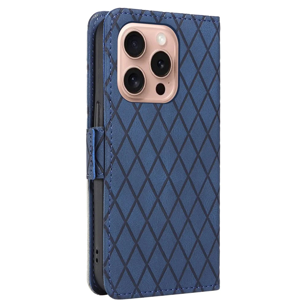 For iPhone 16 Pro Case Rhombus Grid PU Leather Wallet Mobile Phone Cover - Blue - 7