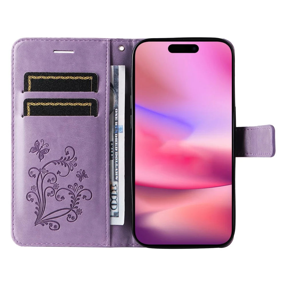 For iPhone 16 Wallet Case Floral Butterfly Imprinted Leather Phone Cover Stand - Light Purple - 2