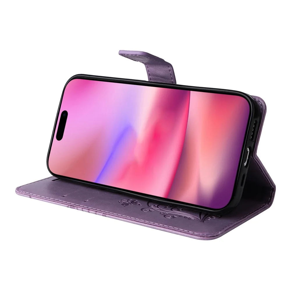 For iPhone 16 Wallet Case Floral Butterfly Imprinted Leather Phone Cover Stand - Light Purple - 3