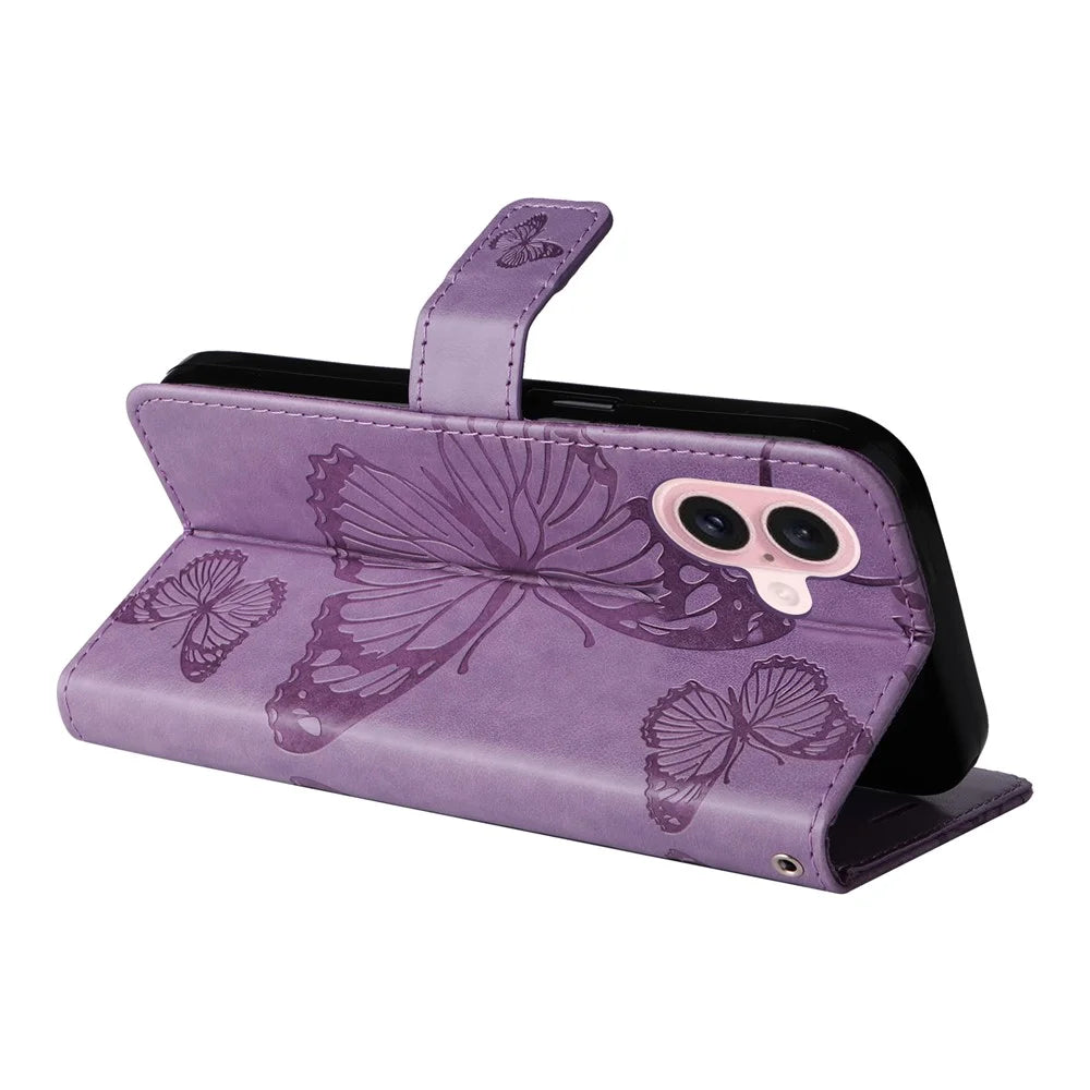 For iPhone 16 Wallet Case Floral Butterfly Imprinted Leather Phone Cover Stand - Light Purple - 4