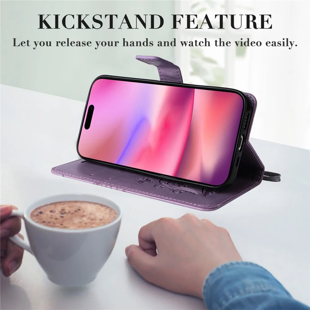 For iPhone 16 Wallet Case Floral Butterfly Imprinted Leather Phone Cover Stand - Light Purple - 6