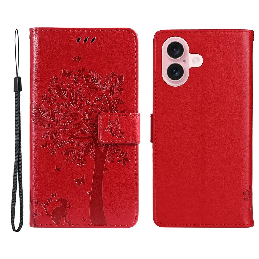 For iPhone 16 Phone Case with Stand Cat Tree Pattern Leather Wallet Mobile Cover - Red - 1