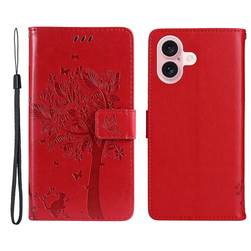 For iPhone 16 Phone Case with Stand Cat Tree Pattern Leather Wallet Mobile Cover - Red - 1