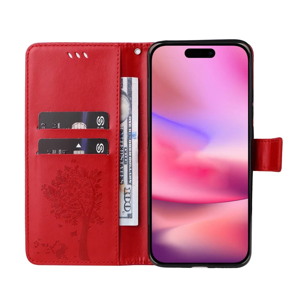 For iPhone 16 Phone Case with Stand Cat Tree Pattern Leather Wallet Mobile Cover - Red - 2