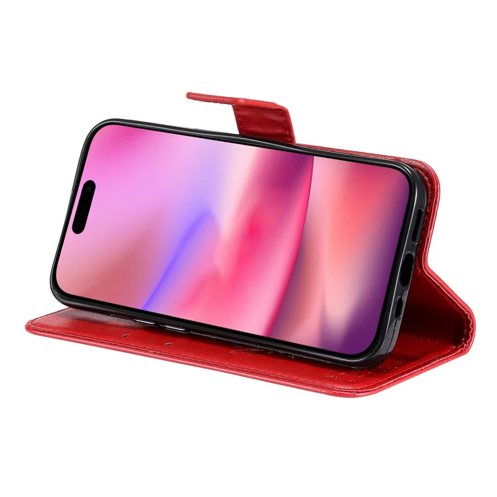 For iPhone 16 Phone Case with Stand Cat Tree Pattern Leather Wallet Mobile Cover - Red - 3