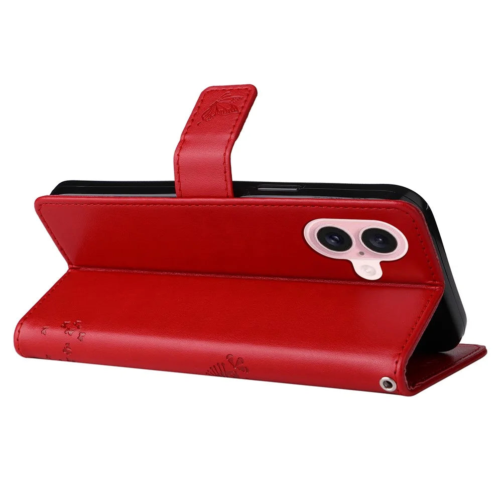 For iPhone 16 Phone Case with Stand Cat Tree Pattern Leather Wallet Mobile Cover - Red - 4