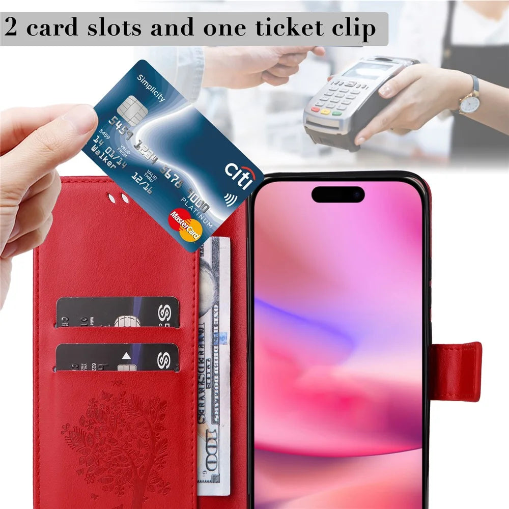 For iPhone 16 Phone Case with Stand Cat Tree Pattern Leather Wallet Mobile Cover - Red - 5