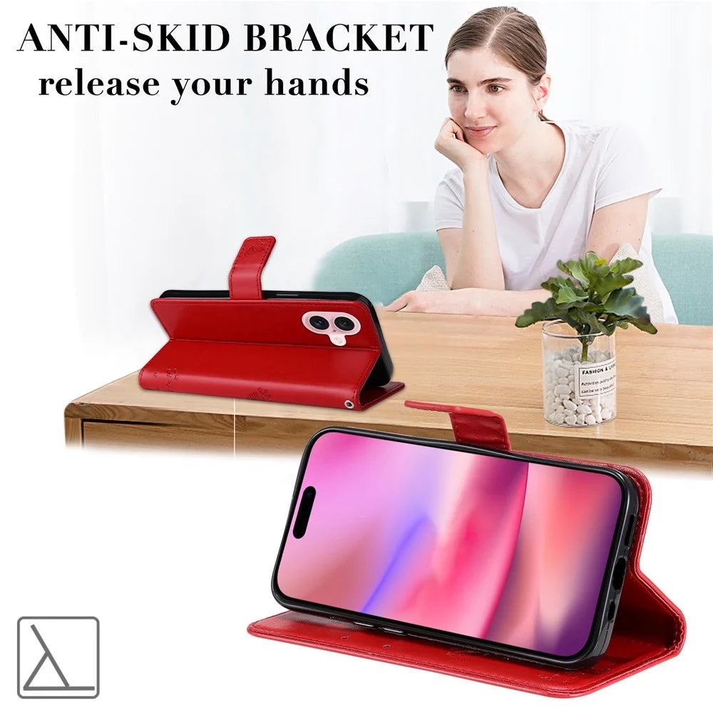 For iPhone 16 Phone Case with Stand Cat Tree Pattern Leather Wallet Mobile Cover - Red - 6