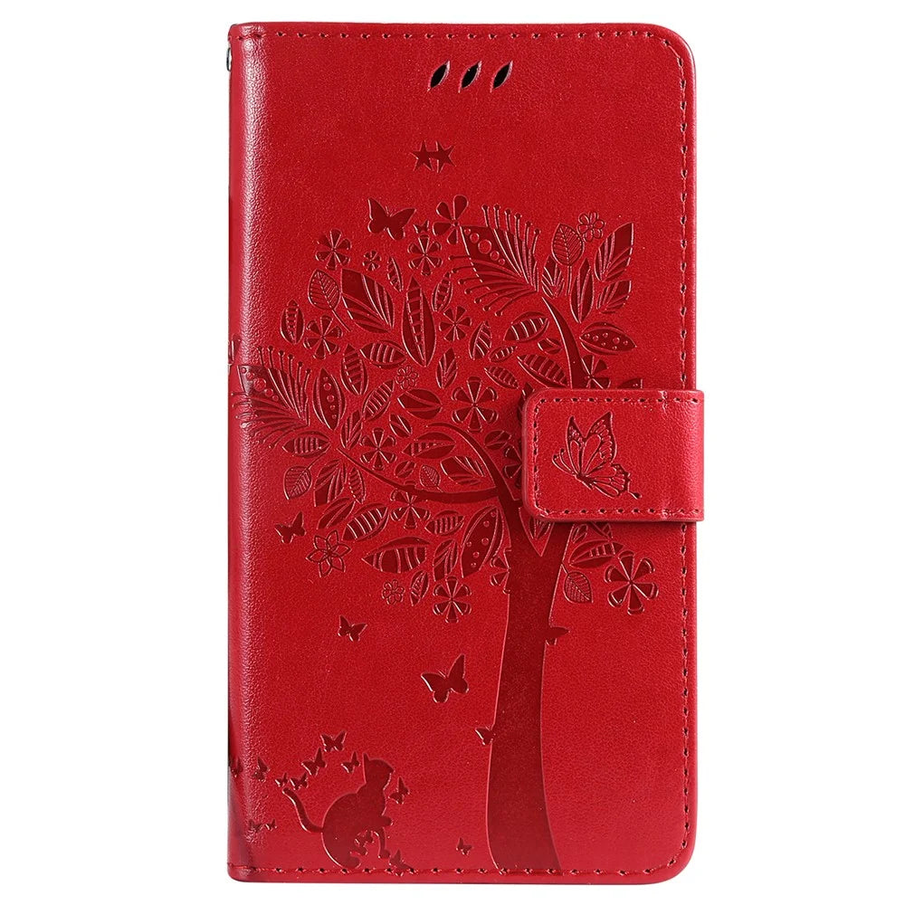 For iPhone 16 Phone Case with Stand Cat Tree Pattern Leather Wallet Mobile Cover - Red - 7