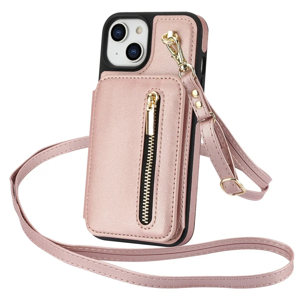 For iPhone 15 Case Zipper Leather+TPU Kickstand Phone Cover with Shoulder Strap - Rose Gold - 1