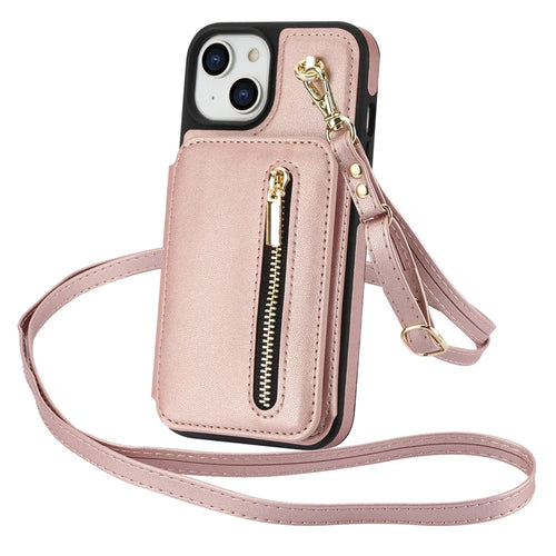 For iPhone 15 Case Zipper Leather+TPU Kickstand Phone Cover with Shoulder Strap - Rose Gold - 1