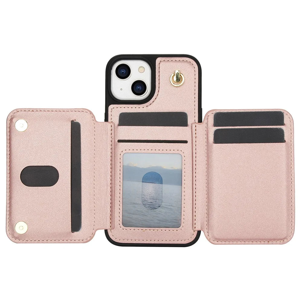 For iPhone 15 Case Zipper Leather+TPU Kickstand Phone Cover with Shoulder Strap - Rose Gold - 2