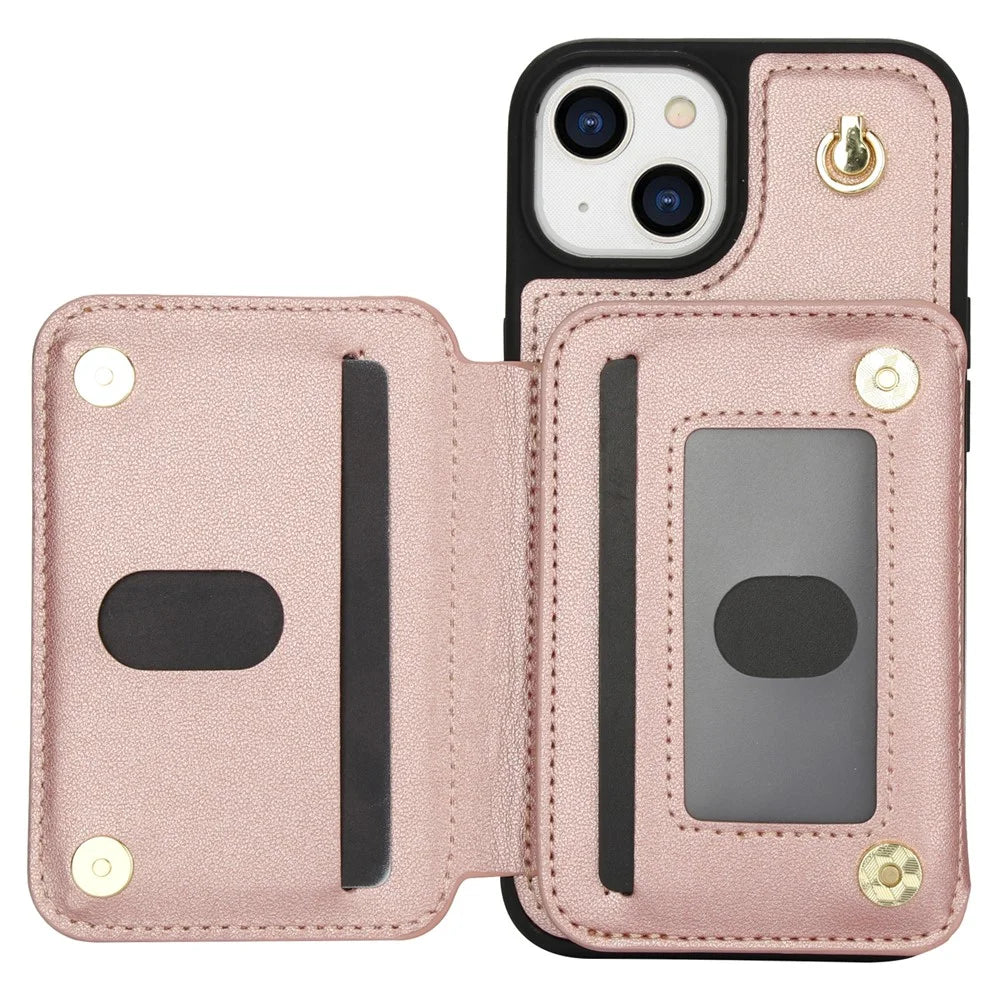 For iPhone 15 Case Zipper Leather+TPU Kickstand Phone Cover with Shoulder Strap - Rose Gold - 3