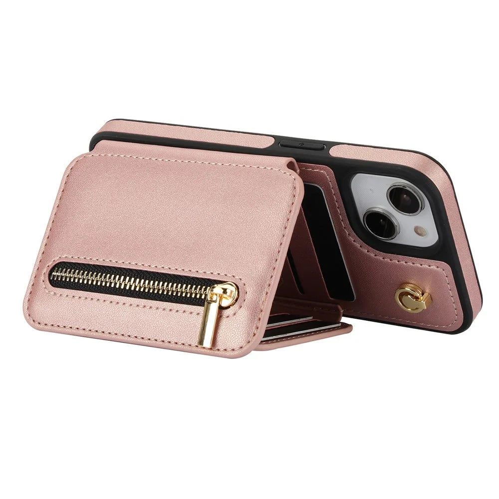 For iPhone 15 Case Zipper Leather+TPU Kickstand Phone Cover with Shoulder Strap - Rose Gold - 5