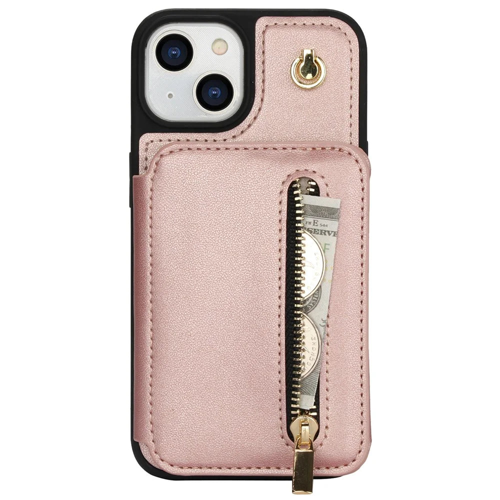 For iPhone 15 Case Zipper Leather+TPU Kickstand Phone Cover with Shoulder Strap - Rose Gold - 7