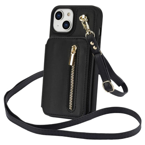 For iPhone 14 Plus Case Kickstand Zipper Pocket Leather+TPU Phone Cover  - Black - 1