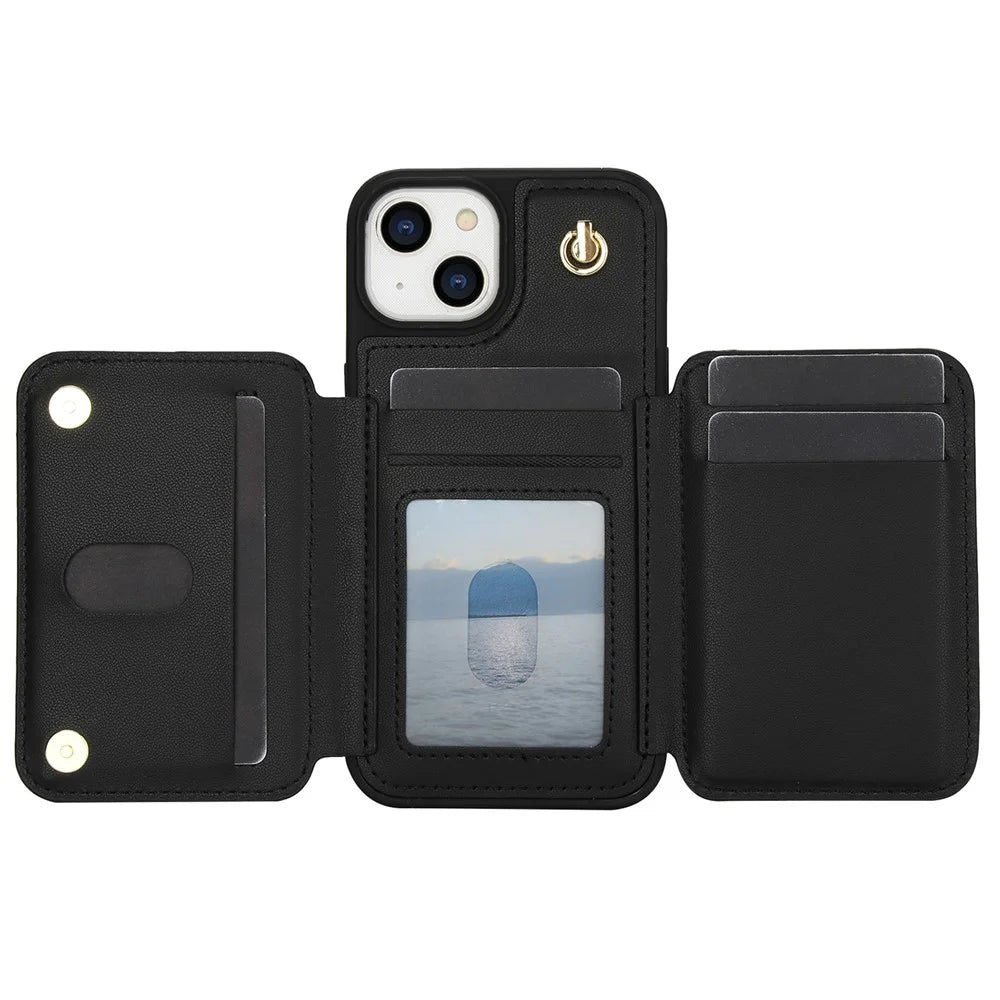 For iPhone 14 Plus Case Kickstand Zipper Pocket Leather+TPU Phone Cover  - Black - 2