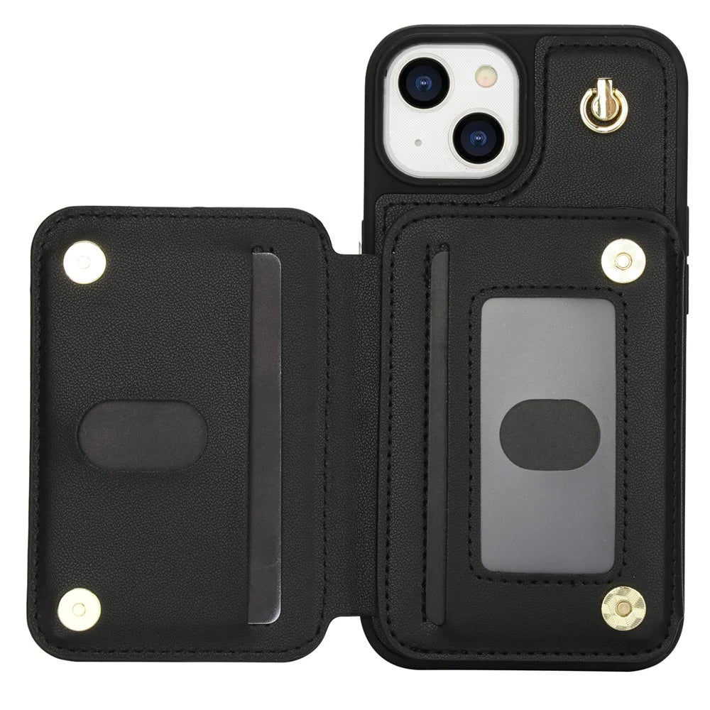 For iPhone 14 Plus Case Kickstand Zipper Pocket Leather+TPU Phone Cover  - Black - 3