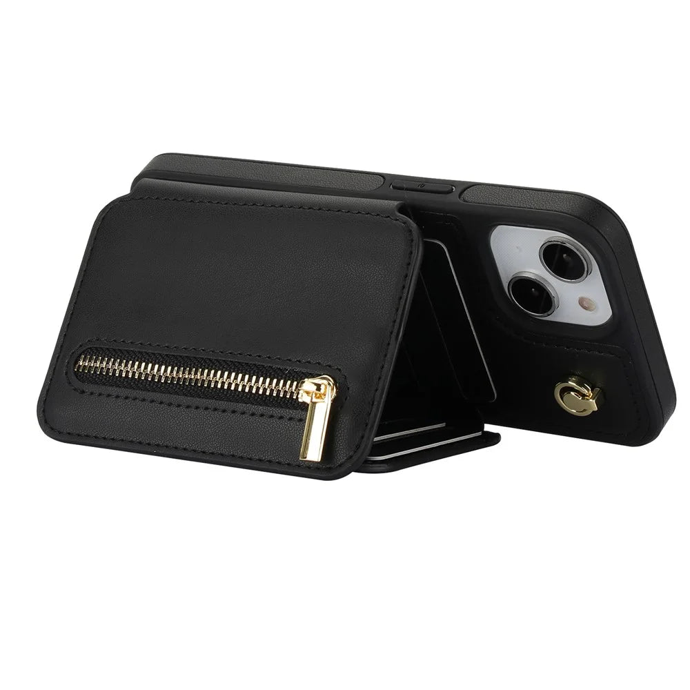 For iPhone 14 Plus Case Kickstand Zipper Pocket Leather+TPU Phone Cover  - Black - 4