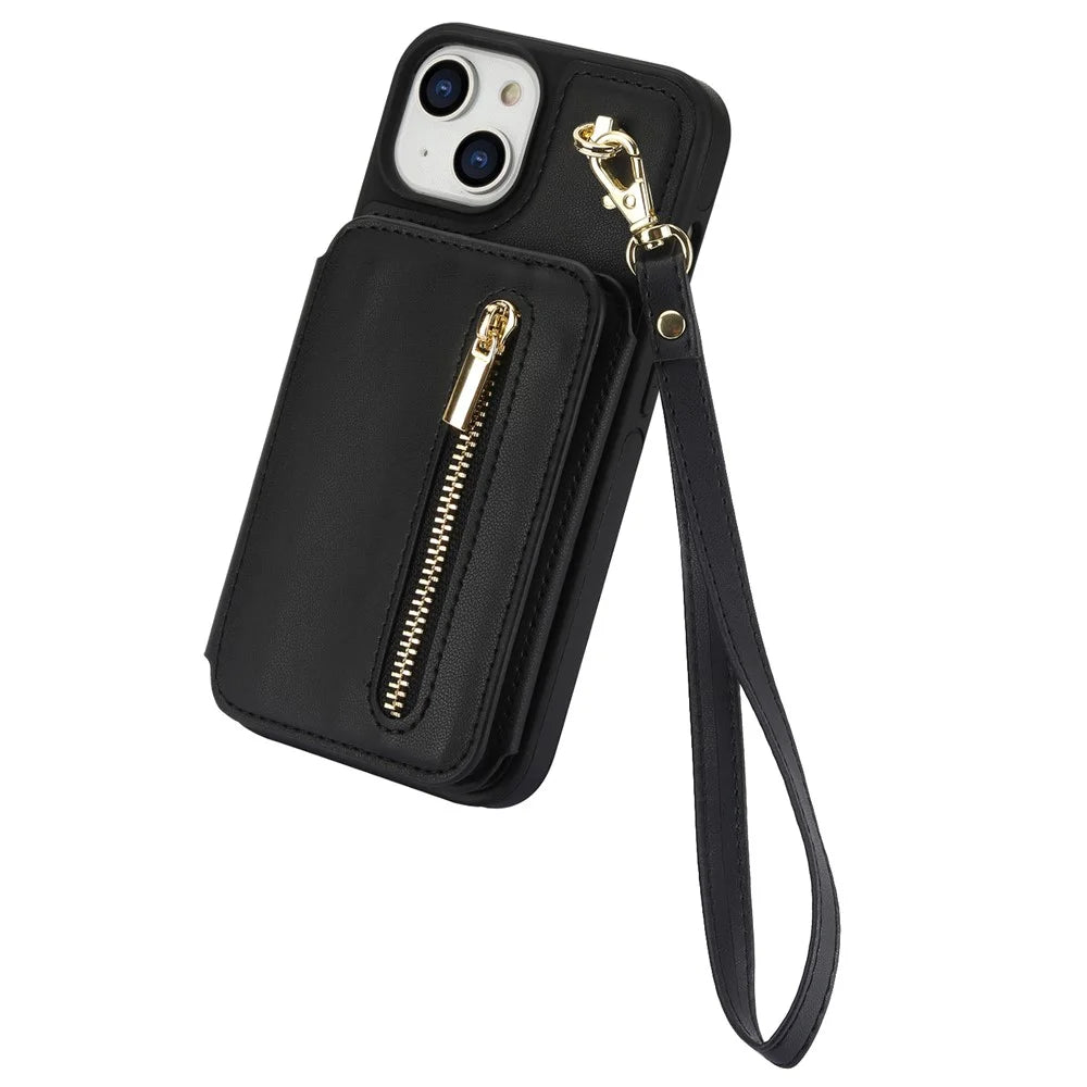 For iPhone 14 Plus Case Kickstand Zipper Pocket Leather+TPU Phone Cover  - Black - 6