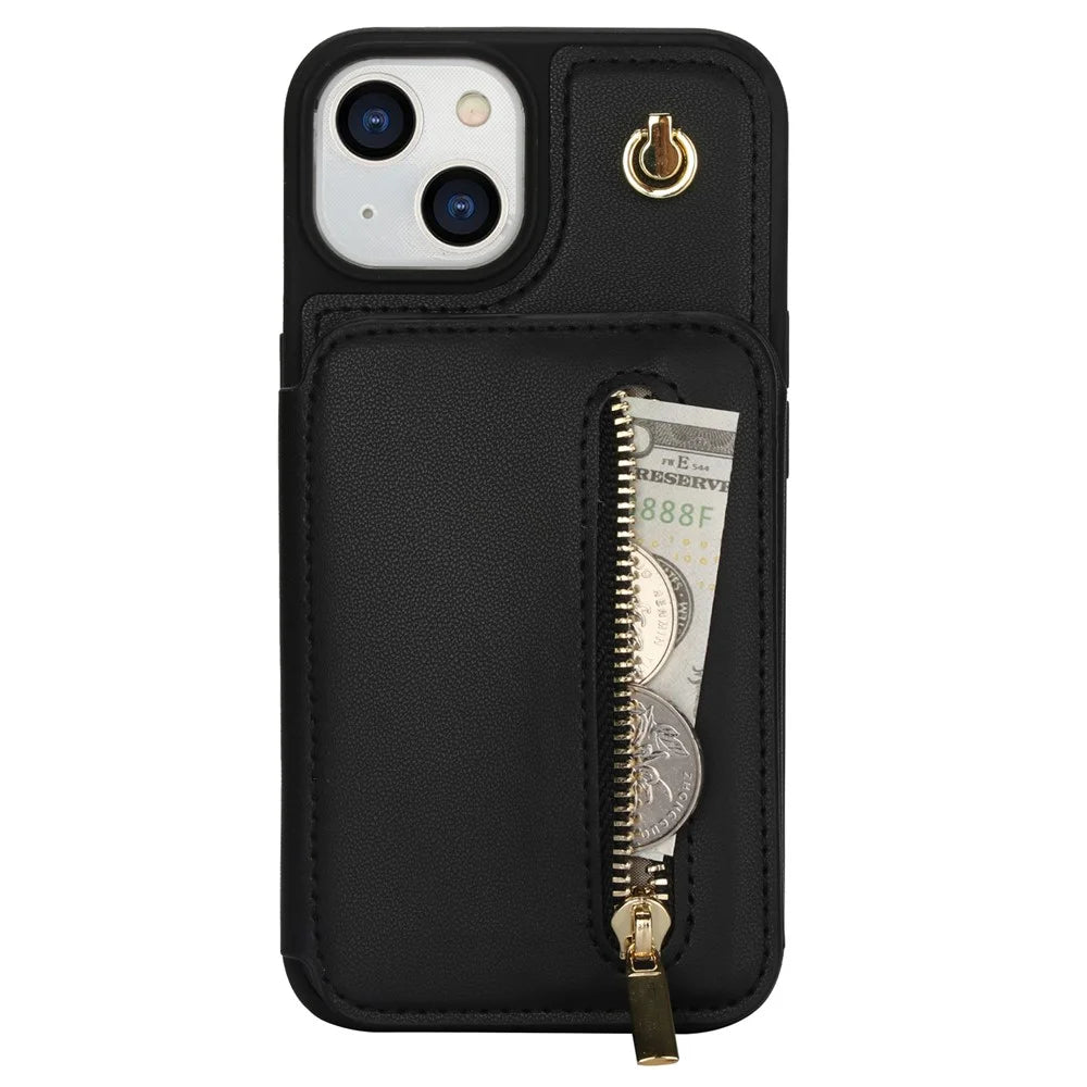 For iPhone 14 Plus Case Kickstand Zipper Pocket Leather+TPU Phone Cover  - Black - 7
