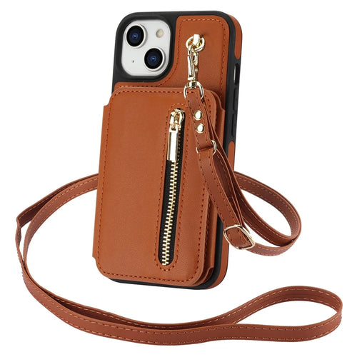 For iPhone 14 Case Zipper Pocket Leather Coated TPU Crossbody Phone Cover - Brown - 1