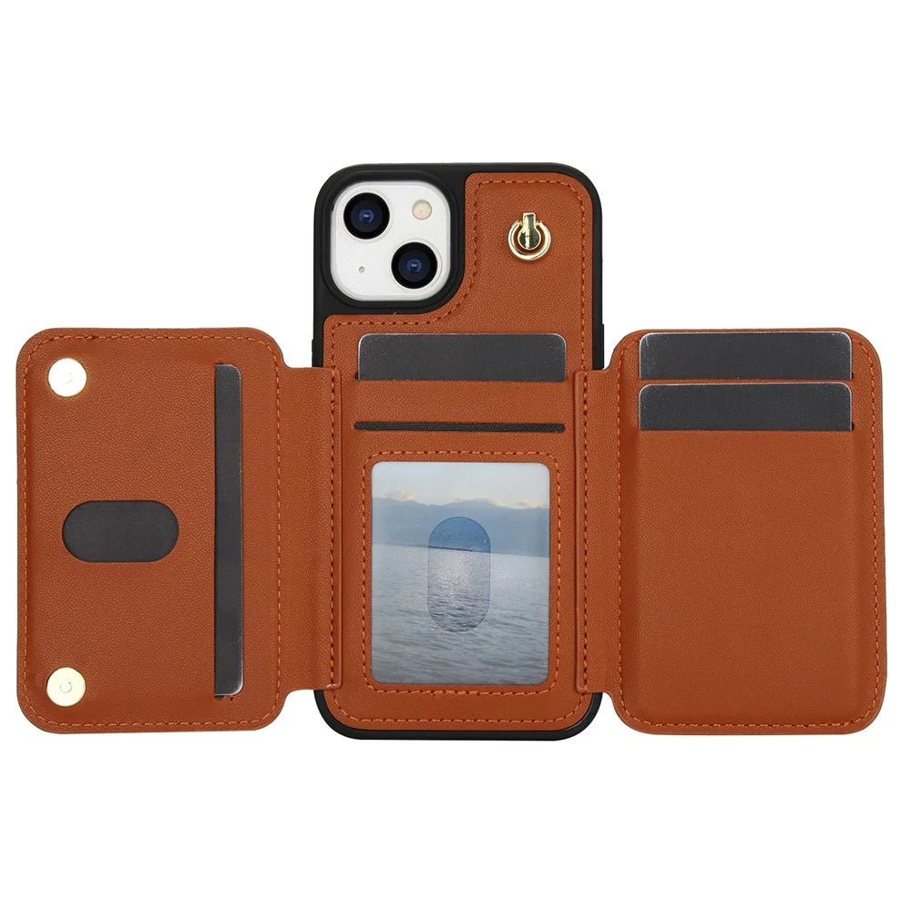 For iPhone 14 Case Zipper Pocket Leather Coated TPU Crossbody Phone Cover - Brown - 2