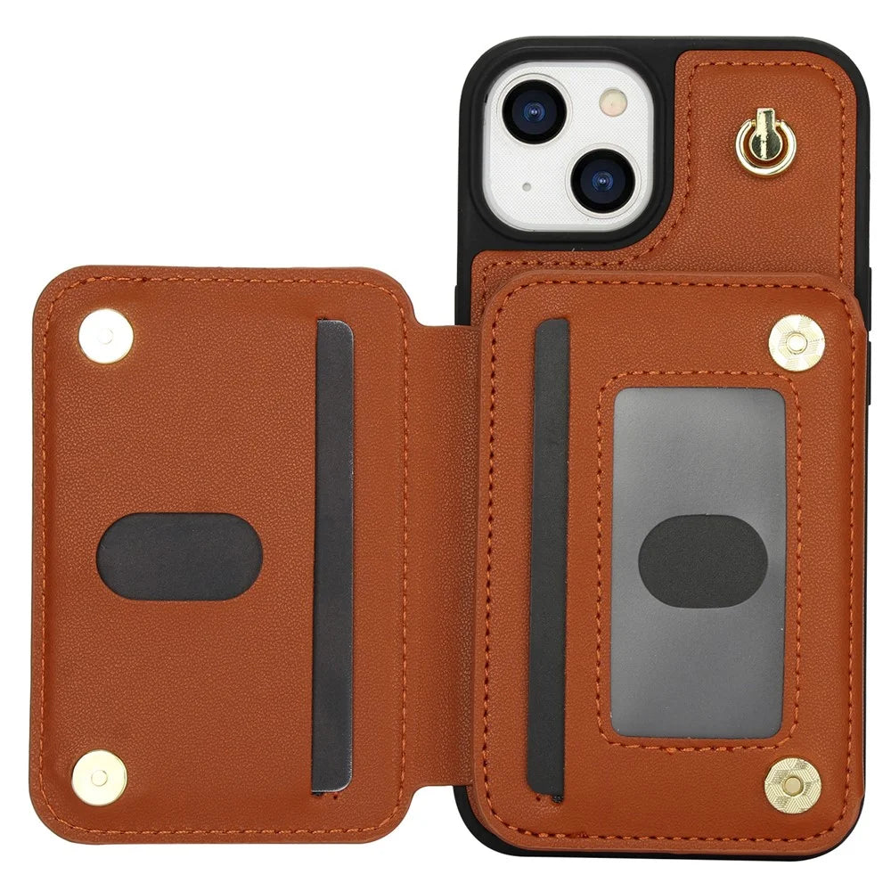 For iPhone 14 Case Zipper Pocket Leather Coated TPU Crossbody Phone Cover - Brown - 3