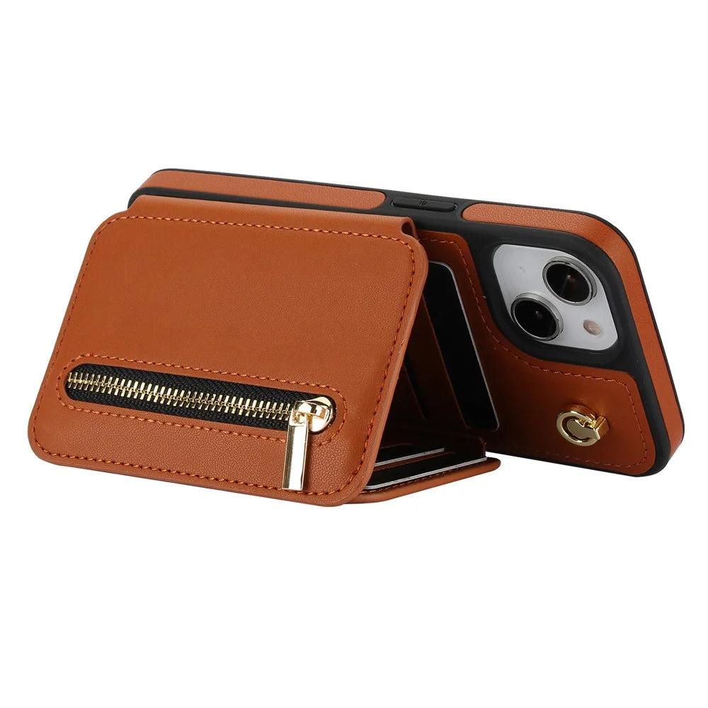 For iPhone 14 Case Zipper Pocket Leather Coated TPU Crossbody Phone Cover - Brown - 5