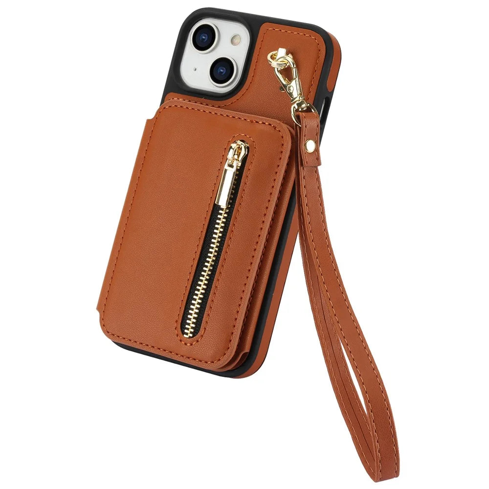 For iPhone 14 Case Zipper Pocket Leather Coated TPU Crossbody Phone Cover - Brown - 6