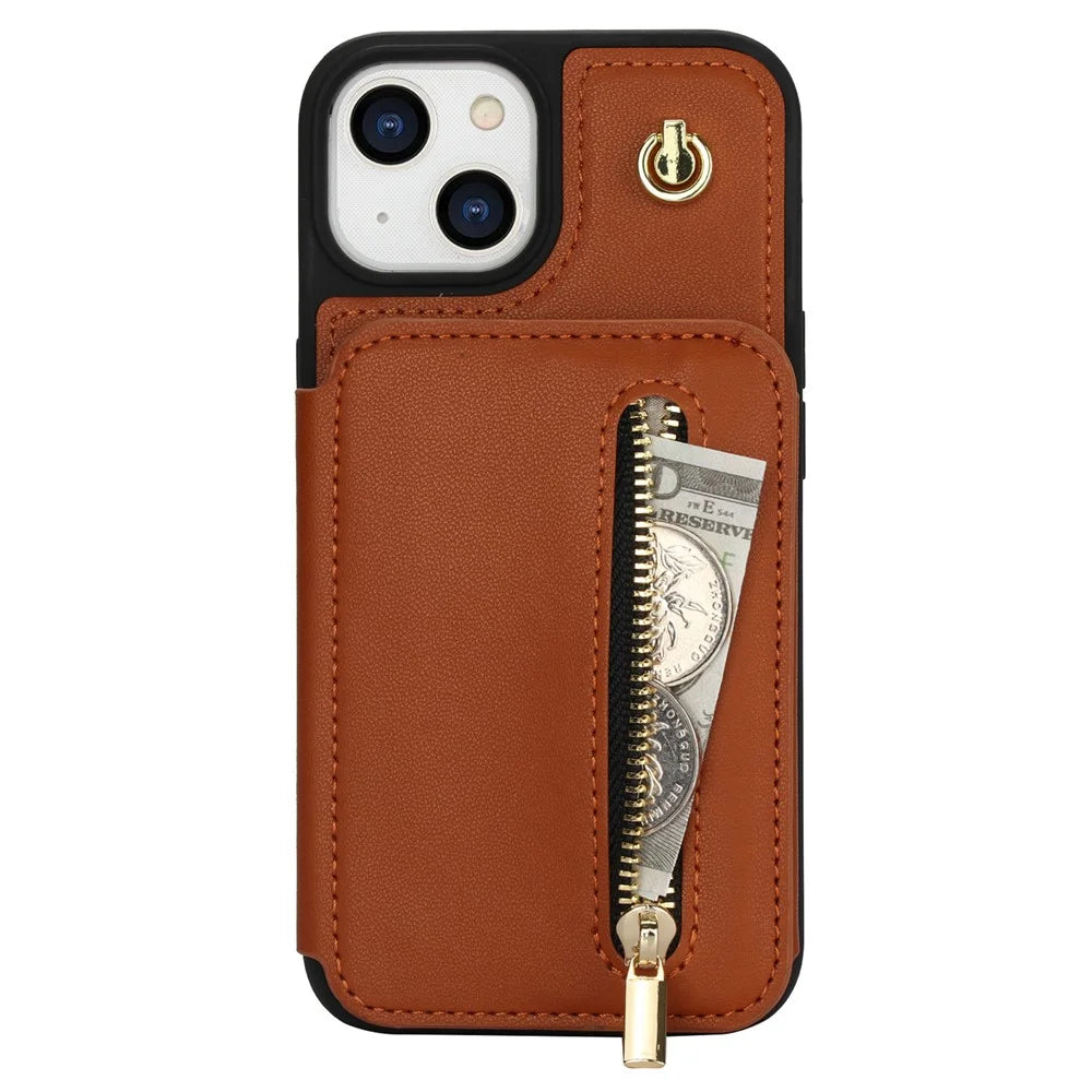 For iPhone 14 Case Zipper Pocket Leather Coated TPU Crossbody Phone Cover - Brown - 7