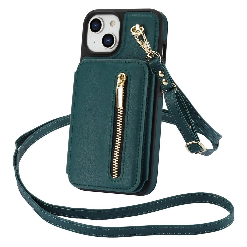 For iPhone 13 Case Zipper Pocket Kickstand Leather+TPU Phone Cover with 2 Straps - Blackish Green - 1