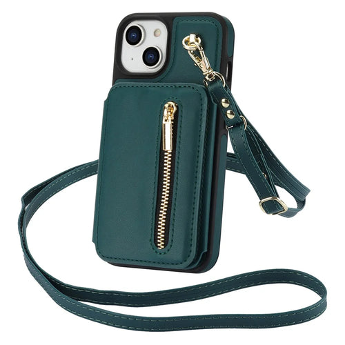 For iPhone 13 Case Zipper Pocket Kickstand Leather+TPU Phone Cover with 2 Straps - Blackish Green - 1