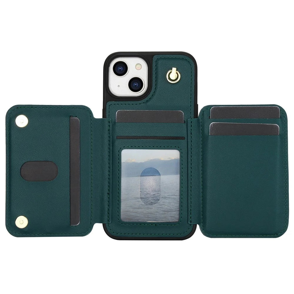 For iPhone 13 Case Zipper Pocket Kickstand Leather+TPU Phone Cover with 2 Straps - Blackish Green - 2