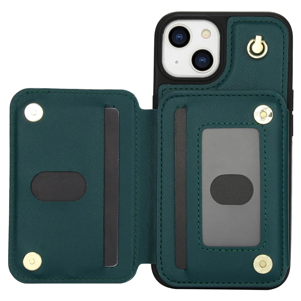 For iPhone 13 Case Zipper Pocket Kickstand Leather+TPU Phone Cover with 2 Straps - Blackish Green - 3