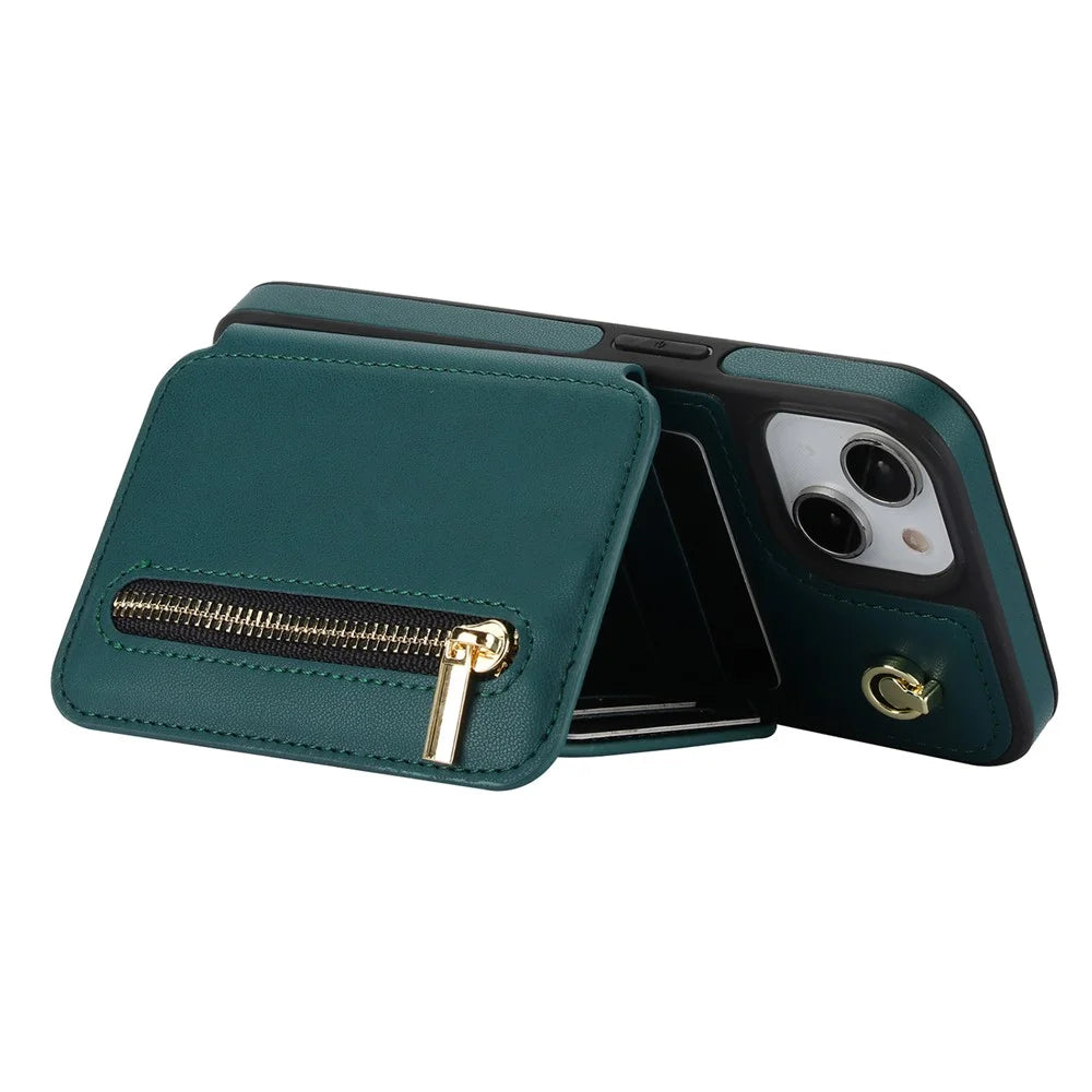 For iPhone 13 Case Zipper Pocket Kickstand Leather+TPU Phone Cover with 2 Straps - Blackish Green - 5