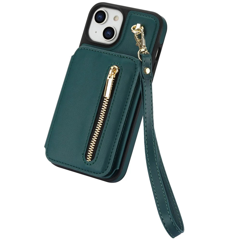 For iPhone 13 Case Zipper Pocket Kickstand Leather+TPU Phone Cover with 2 Straps - Blackish Green - 6